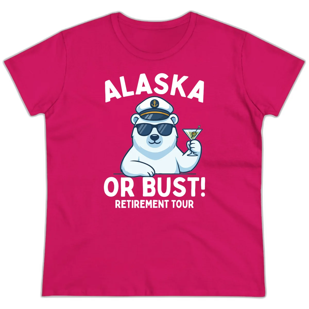 Alaska Or Bust Retirement Tour Polar Bear Ladies Tee in Heliconia