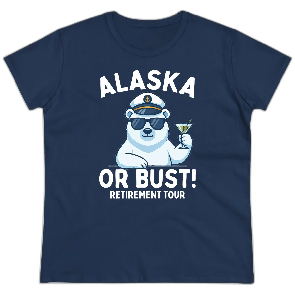 Alaska Or Bust Retirement Tour Polar Bear Ladies Tee in Navy