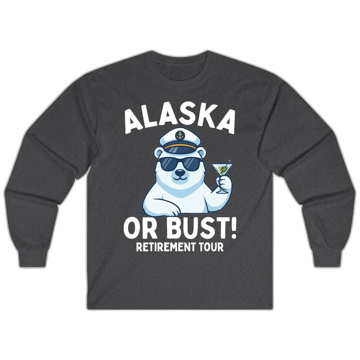 Alaska Or Bust Retirement Tour Polar Bear Long Sleeve Tee in Dark Heather