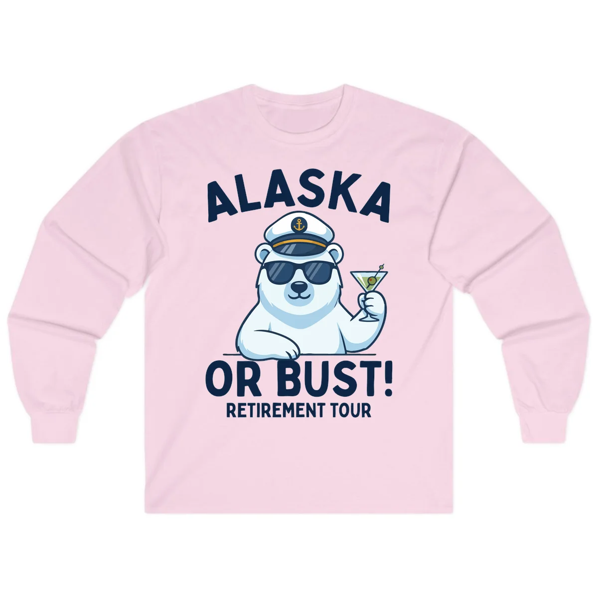 Alaska Or Bust Retirement Tour Polar Bear Long Sleeve Tee in Light Pink