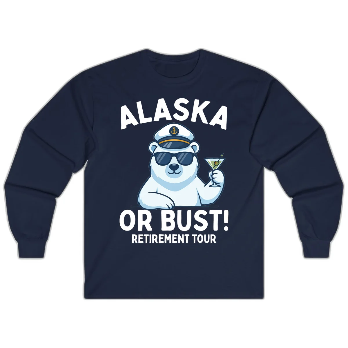 Alaska Or Bust Retirement Tour Polar Bear Long Sleeve Tee in Navy