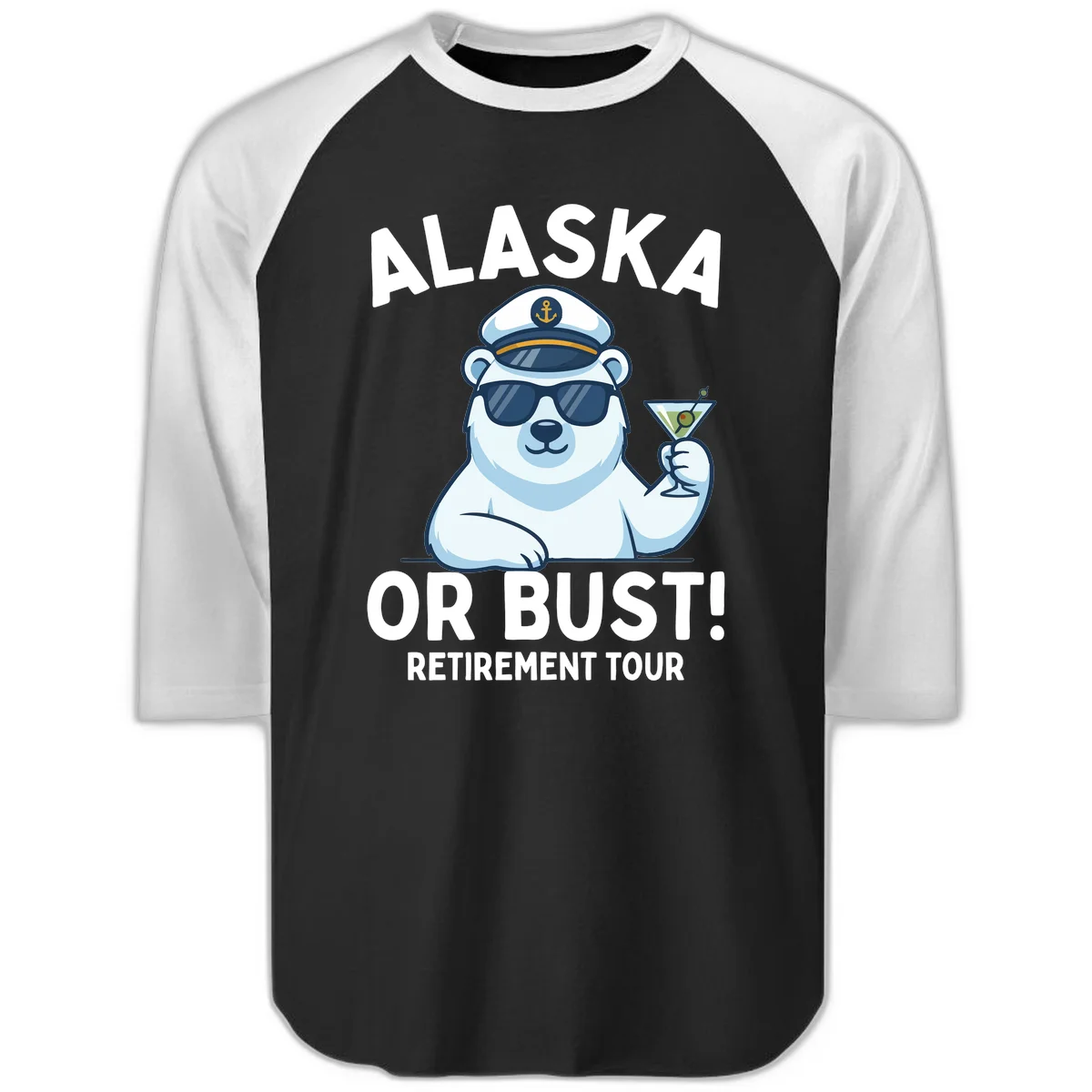 Alaska Or Bust Retirement Tour Polar Bear Raglan 3/4 Sleeve in Black White
