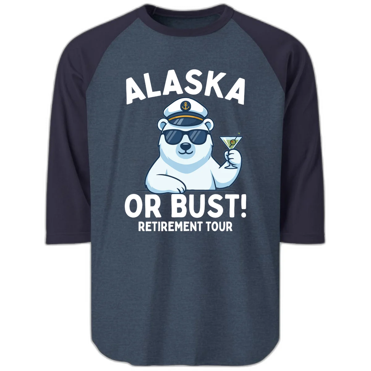 Alaska Or Bust Retirement Tour Polar Bear Raglan 3/4 Sleeve in Heather Denim Navy
