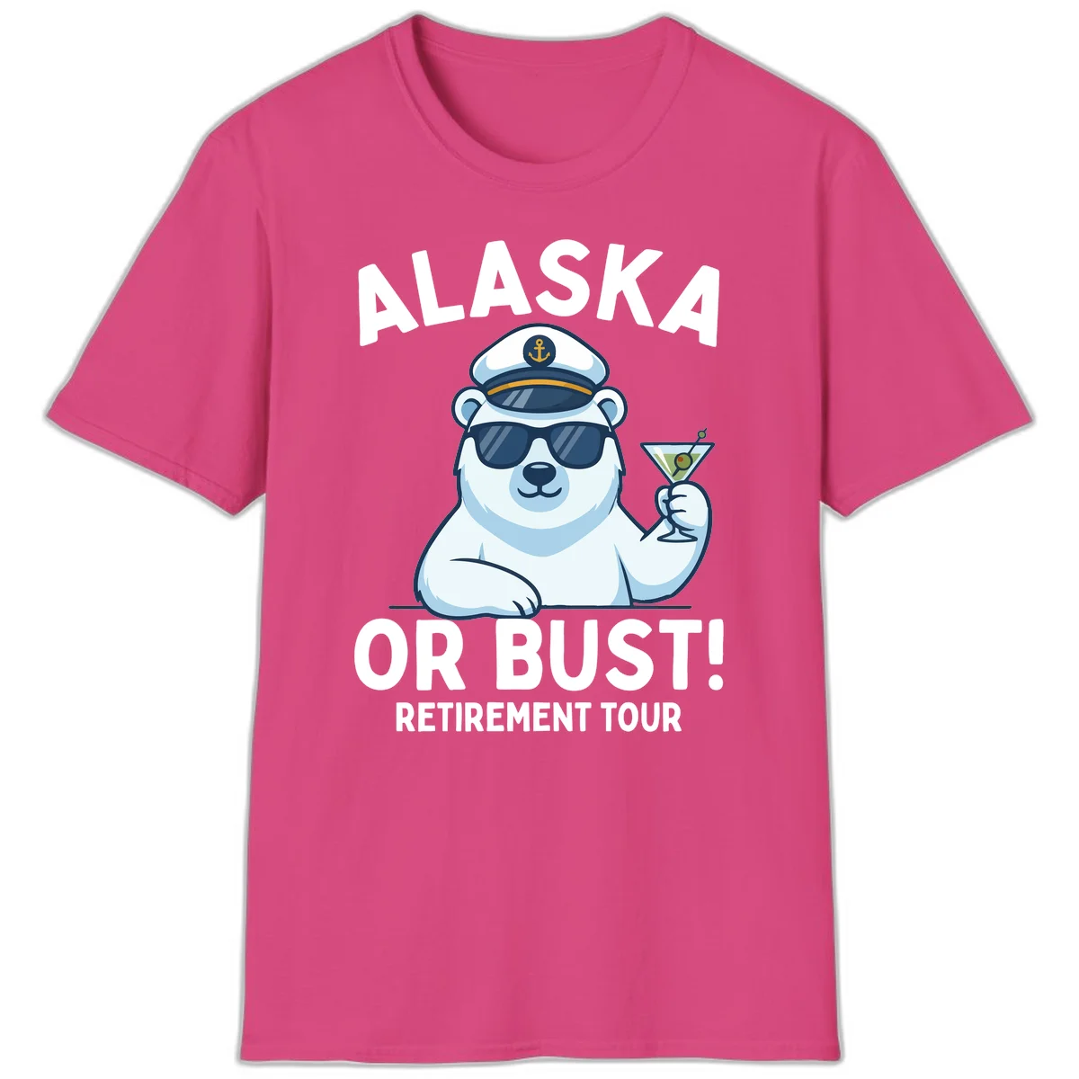 Alaska Or Bust Retirement Tour Polar Bear T-Shirt in Heliconia