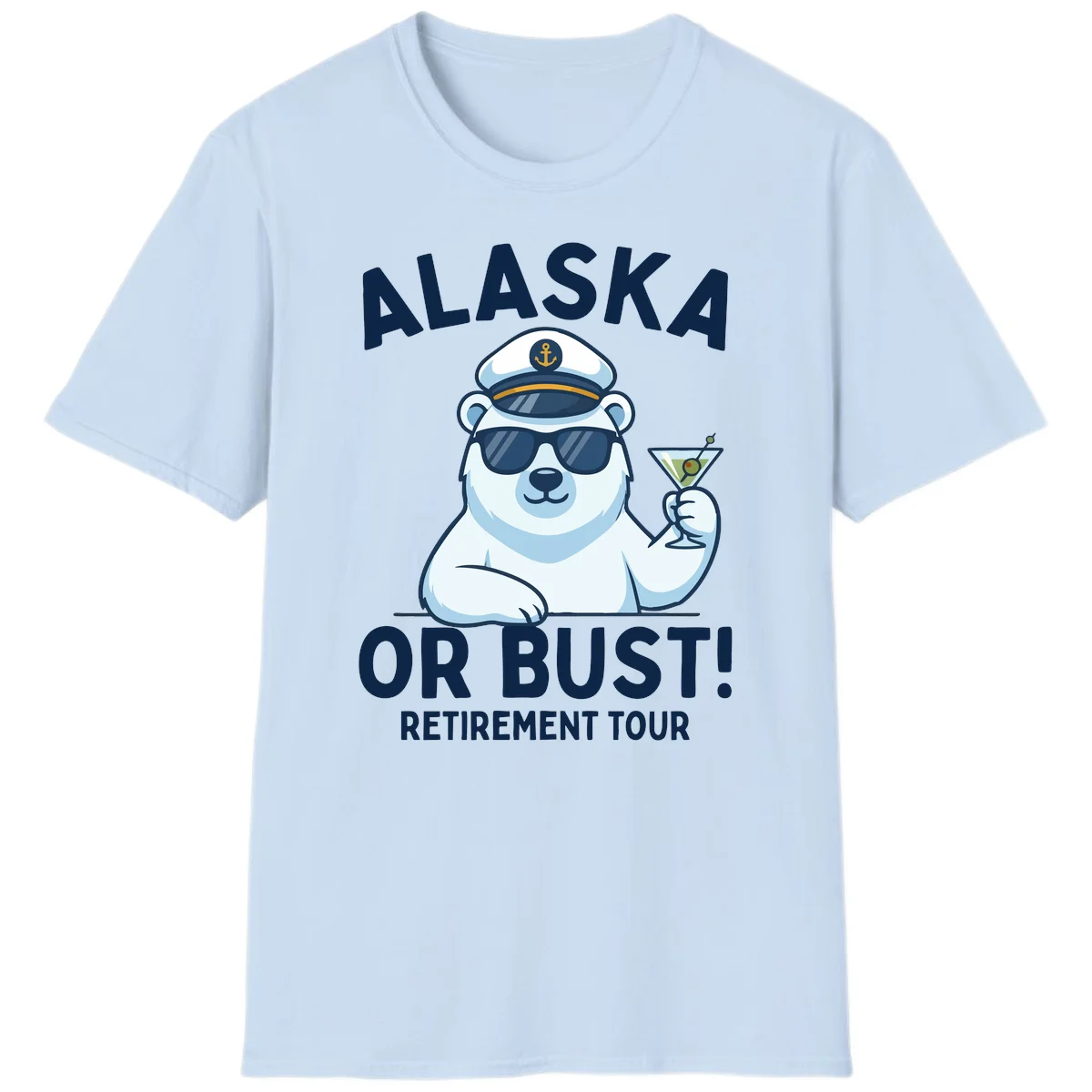 Alaska Or Bust Retirement Tour Polar Bear T-Shirt in Light Blue