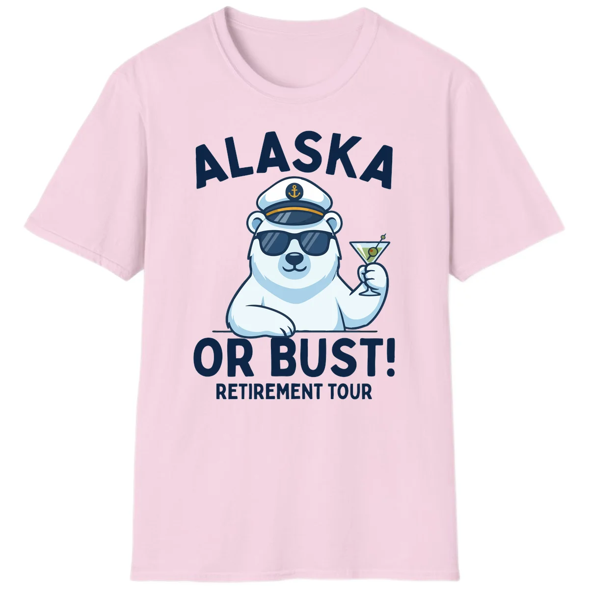 Alaska Or Bust Retirement Tour Polar Bear T-Shirt in Light Pink