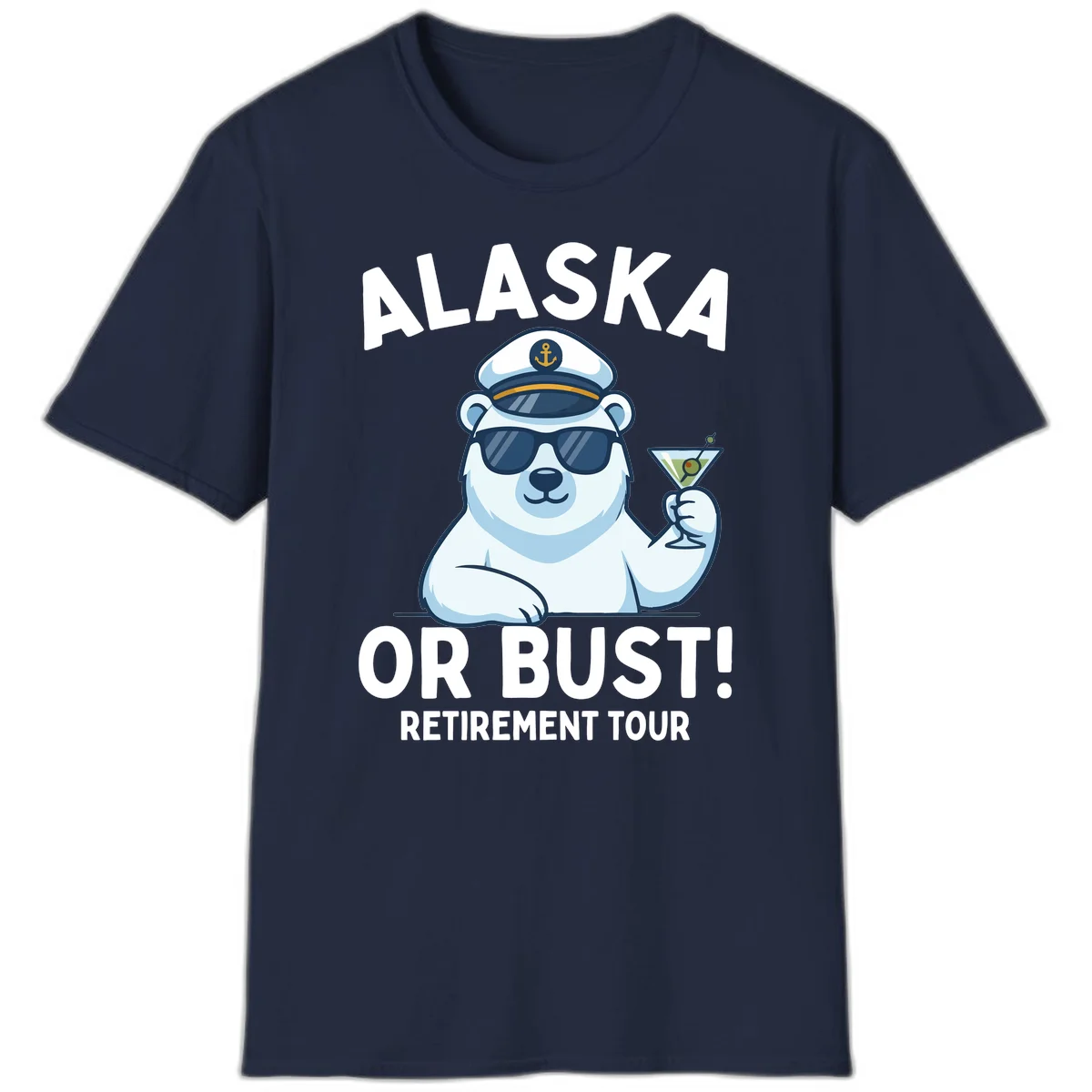 Alaska Or Bust Retirement Tour Polar Bear T-Shirt in Navy