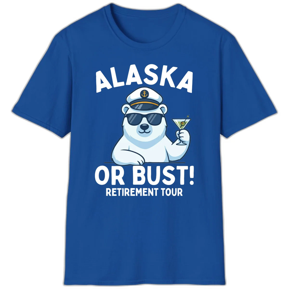 Alaska Or Bust Retirement Tour Polar Bear T-Shirt in Royal