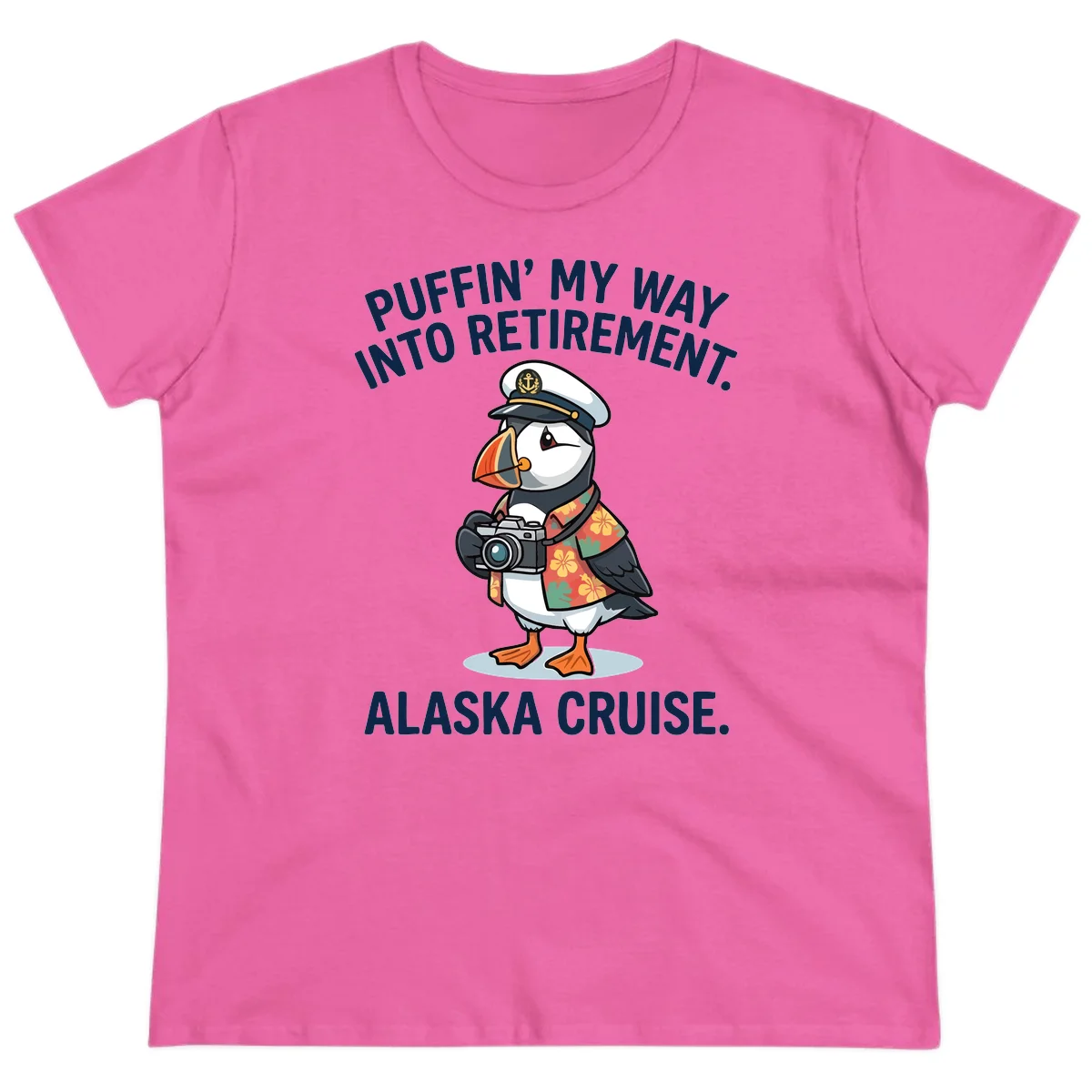 Puffin' Into My Retirement Alaska Cruise Ladies Tee in Azalea