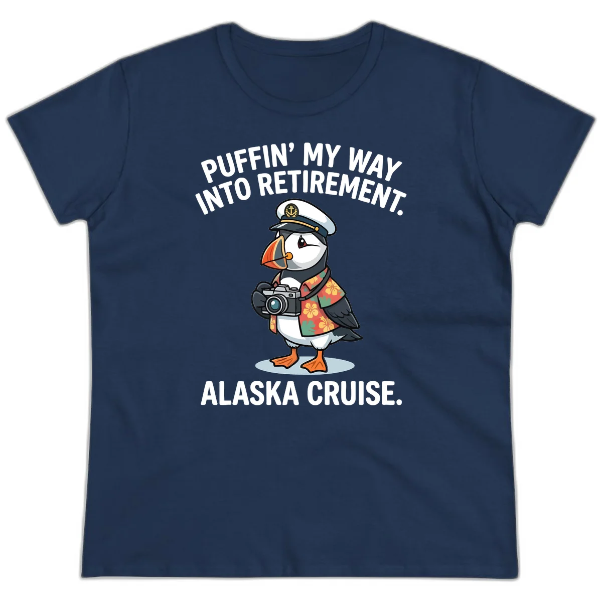 Puffin' Into My Retirement Alaska Cruise Ladies Tee in Navy