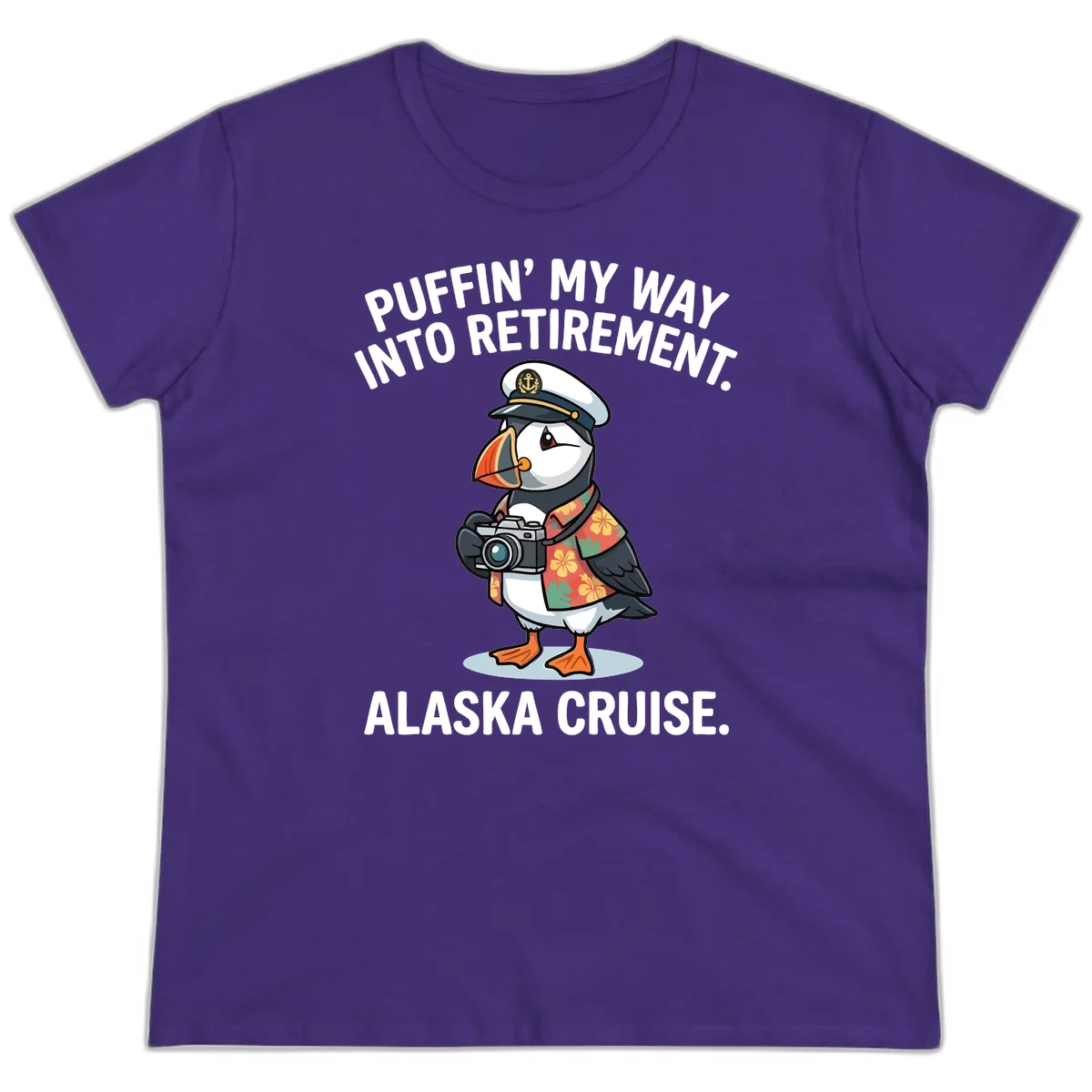 Puffin' Into My Retirement Alaska Cruise Ladies Tee in Purple