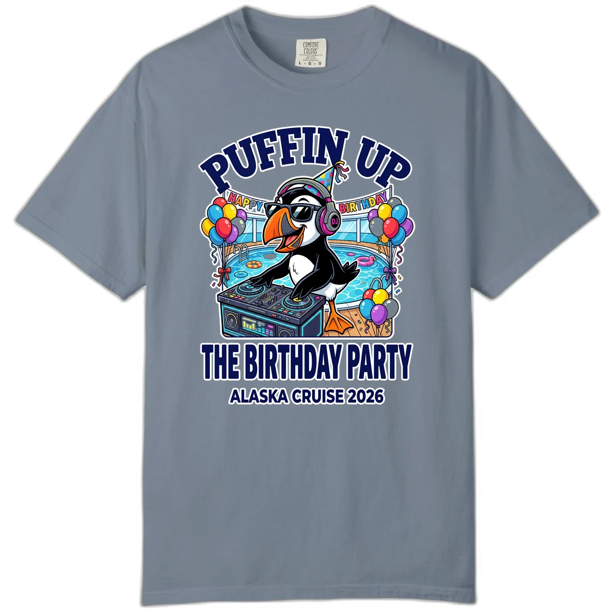 Puffin Up The Birthday Party Alaska Cruise Comfort Color Tee in Blue Jean