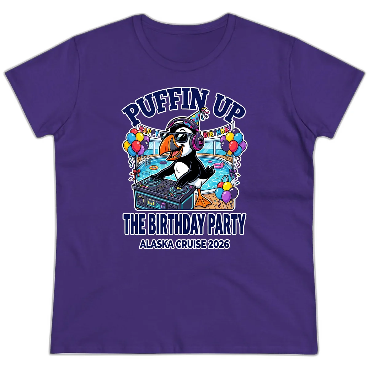 Puffin Up The Birthday Party Alaska Cruise Ladies Tee in Purple