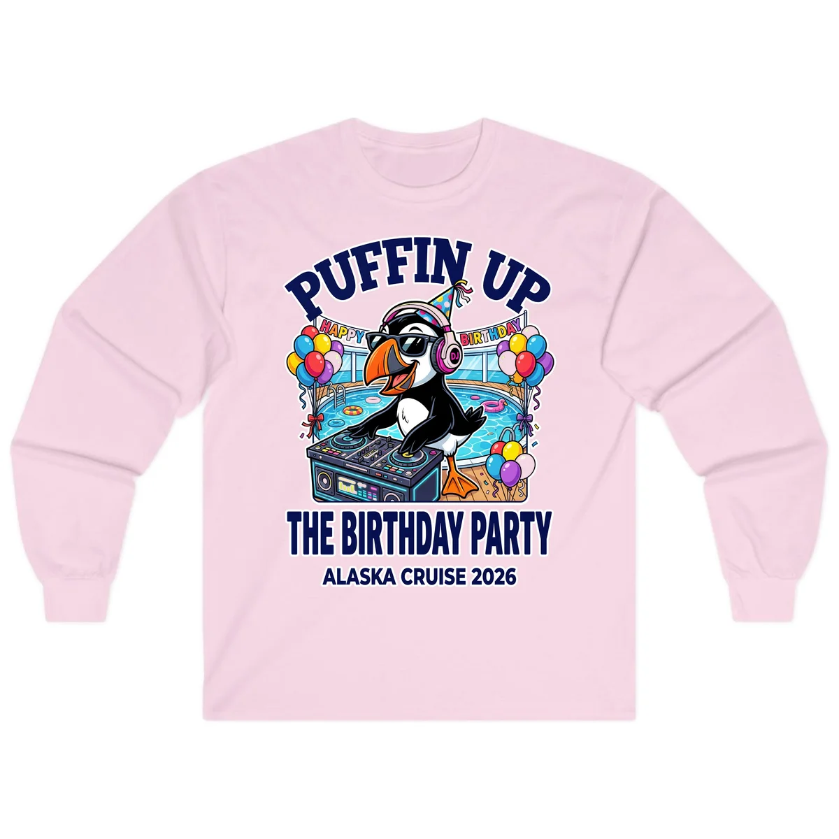 Puffin Up The Birthday Party Alaska Cruise Long Sleeve Tee in Light Pink