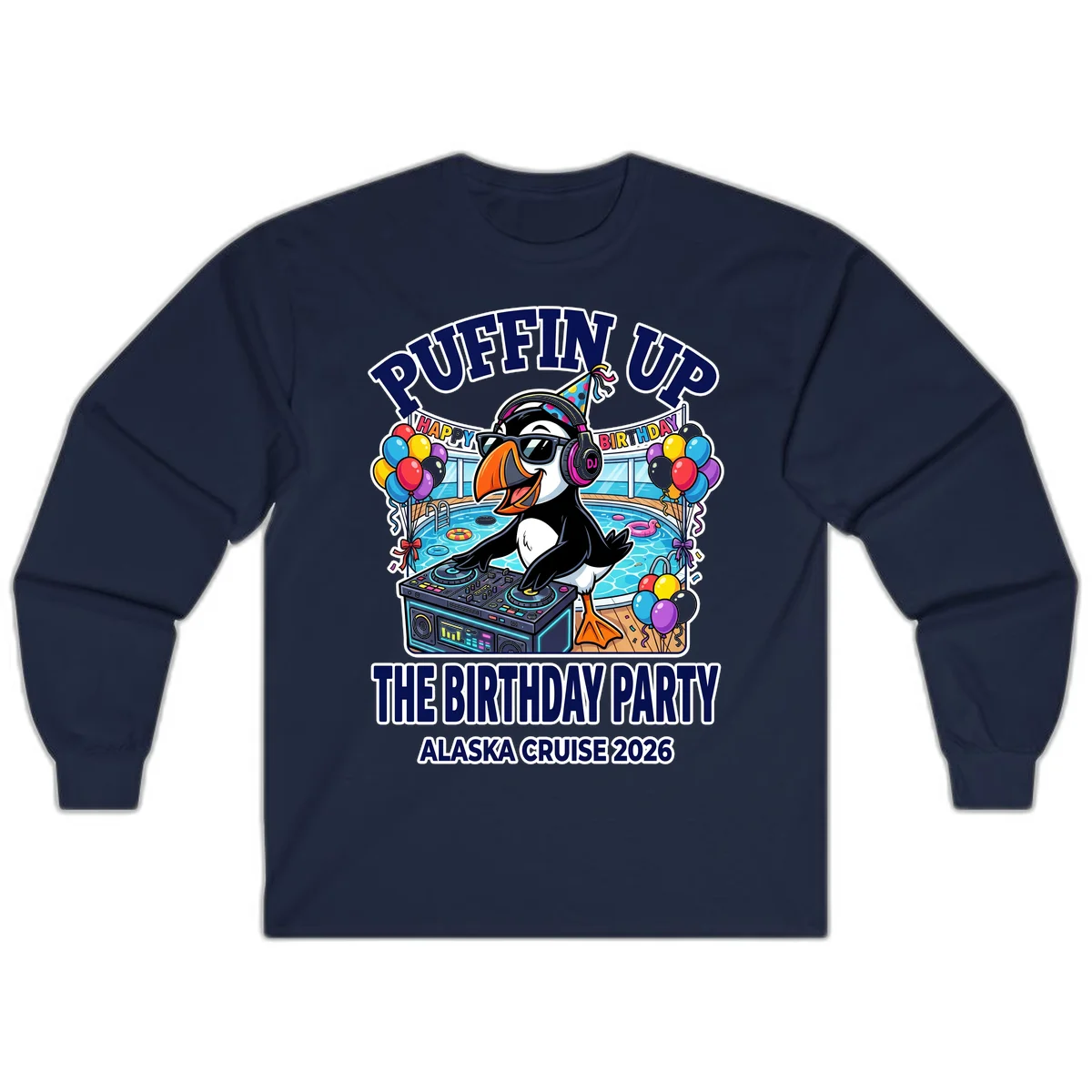 Puffin Up The Birthday Party Alaska Cruise Long Sleeve Tee in Navy