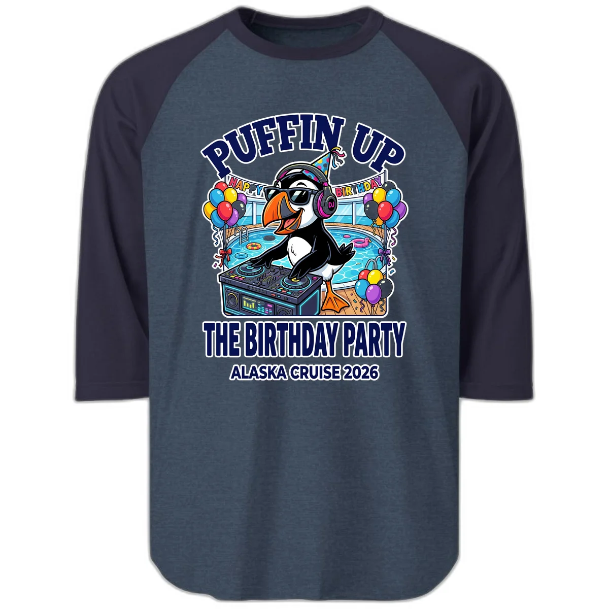 Puffin Up The Birthday Party Alaska Cruise Raglan 3/4 Sleeve in Heather Denim Navy