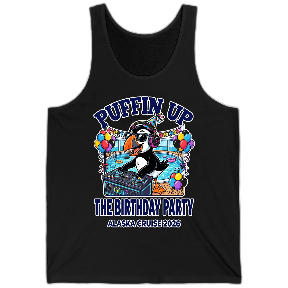Puffin Up The Birthday Party Alaska Cruise Tank Top in Black