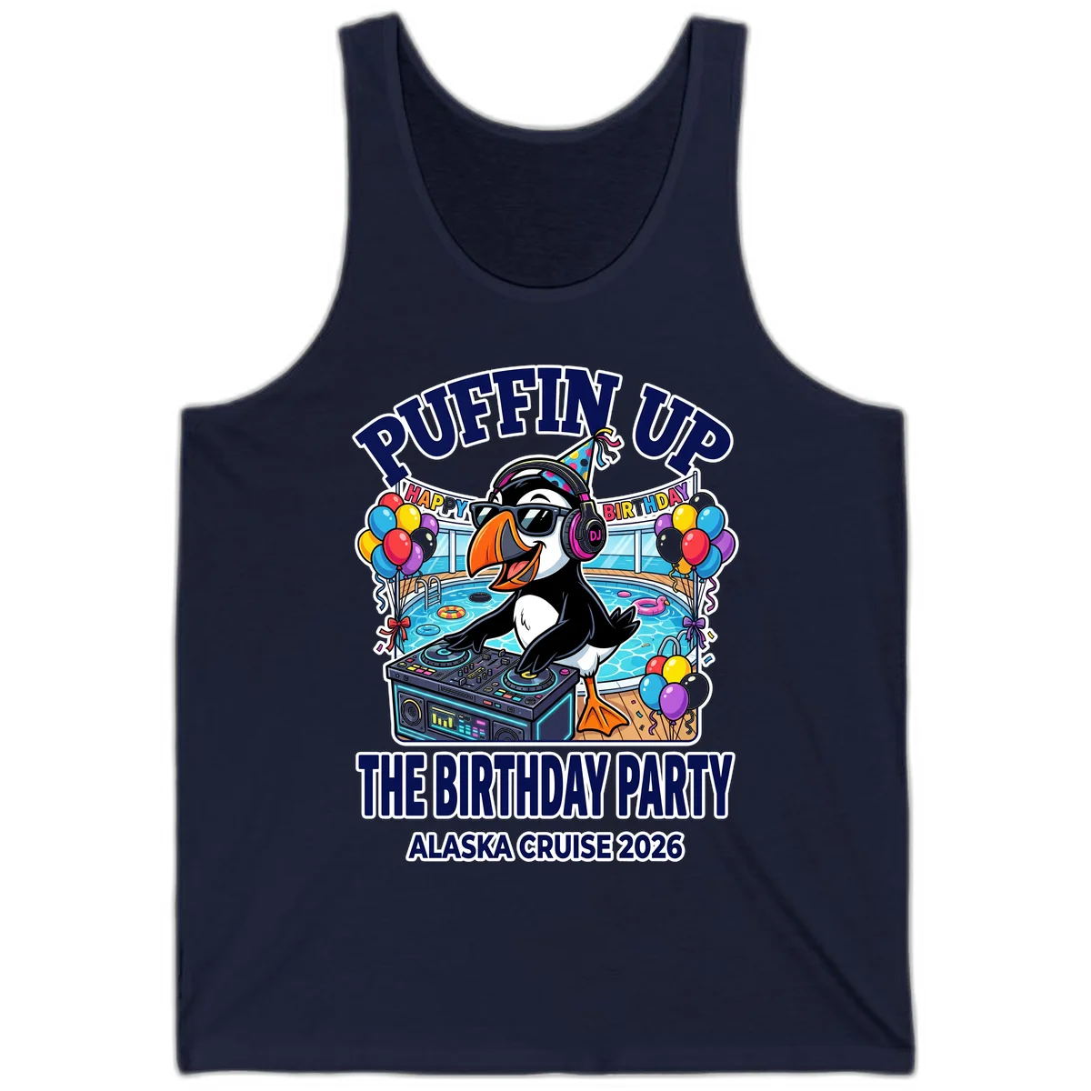 Puffin Up The Birthday Party Alaska Cruise Tank Top in Navy