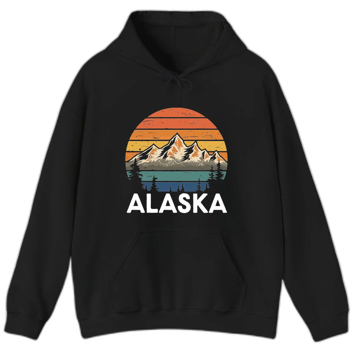 Retro Mountain Sunset Landscape Hoodie in Black