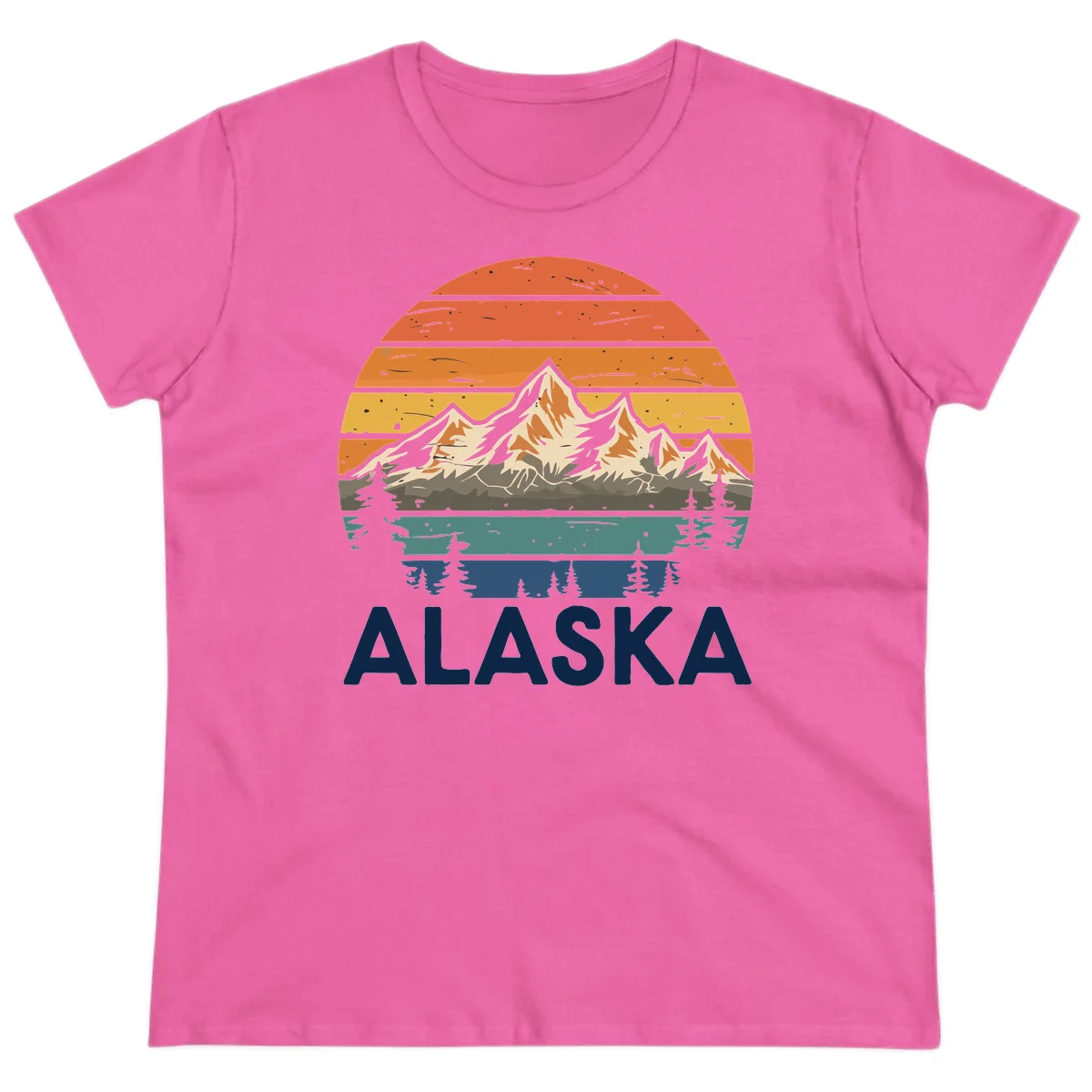Retro Mountain Sunset Landscape Ladies Tee in Azalea