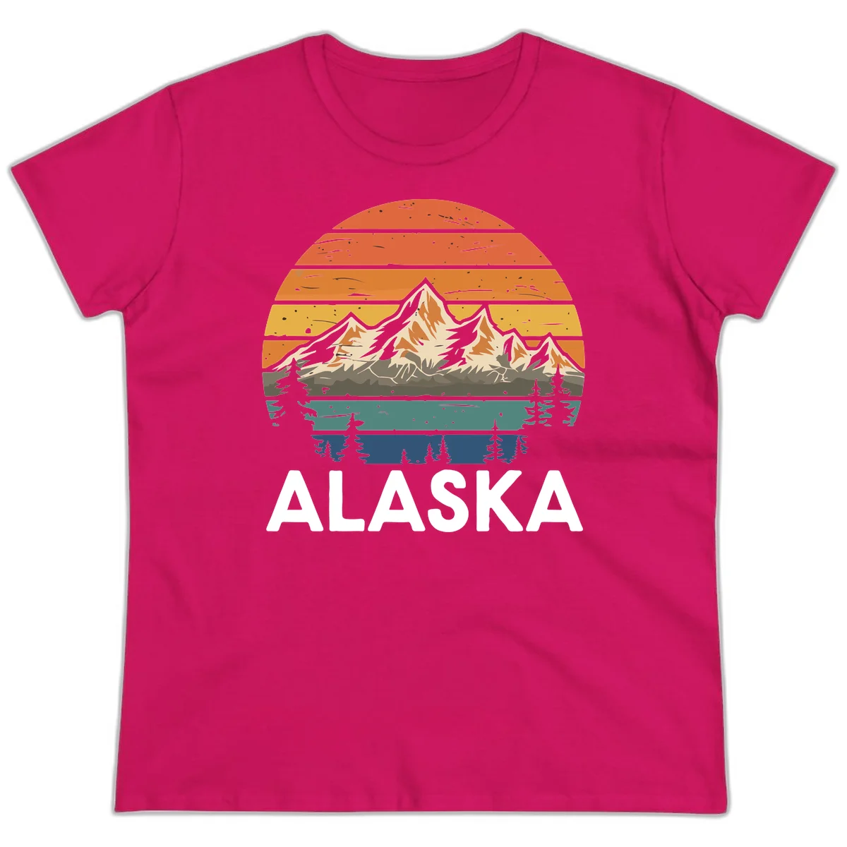 Retro Mountain Sunset Landscape Ladies Tee in Heliconia