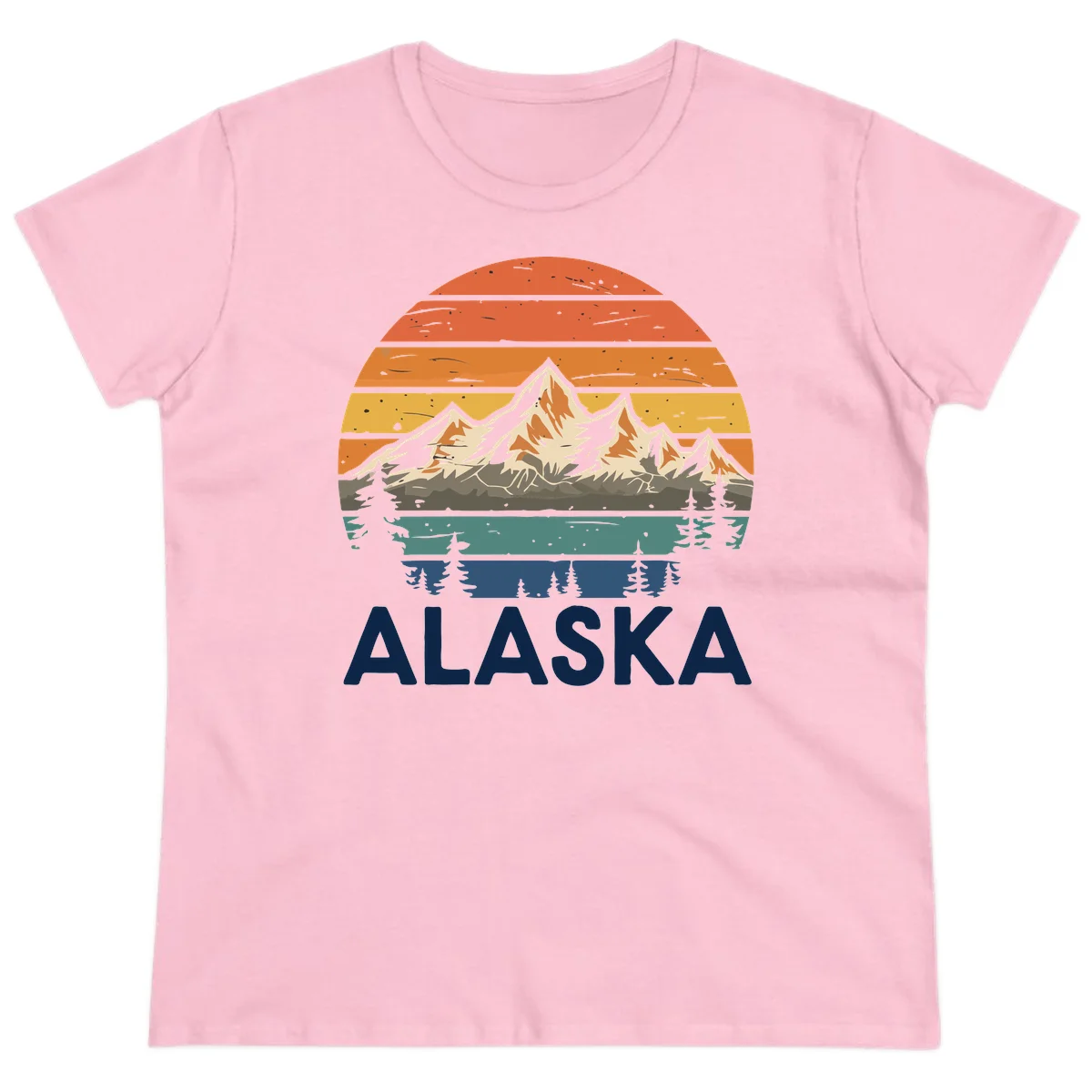 Retro Mountain Sunset Landscape Ladies Tee in Light Pink