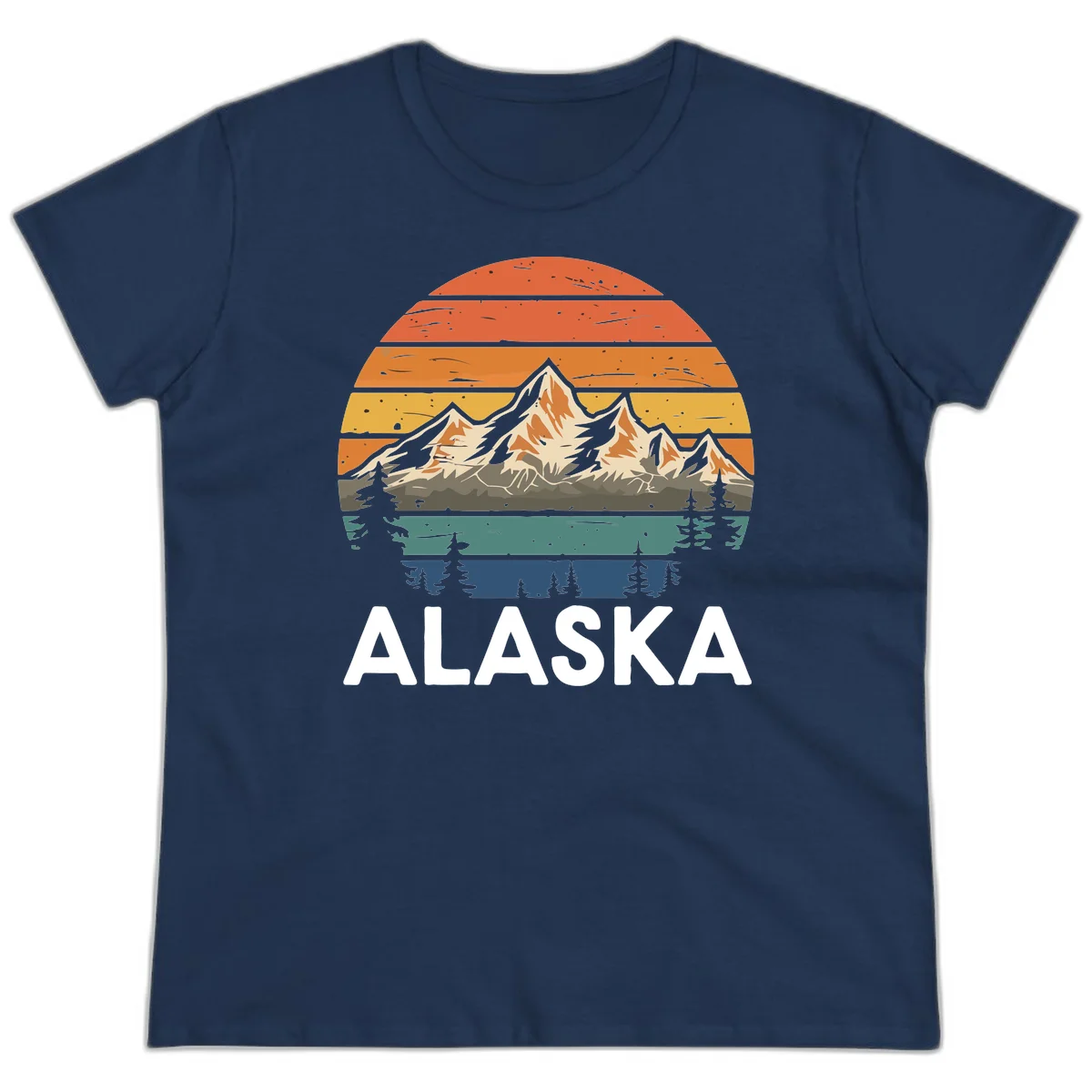 Retro Mountain Sunset Landscape Ladies Tee in Navy