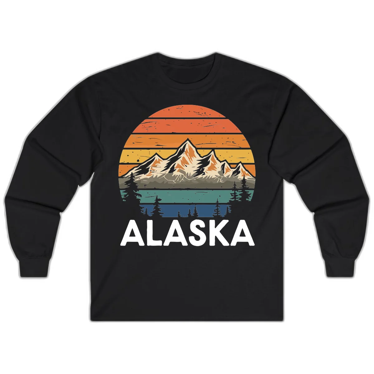 Retro Mountain Sunset Landscape Long Sleeve in Black