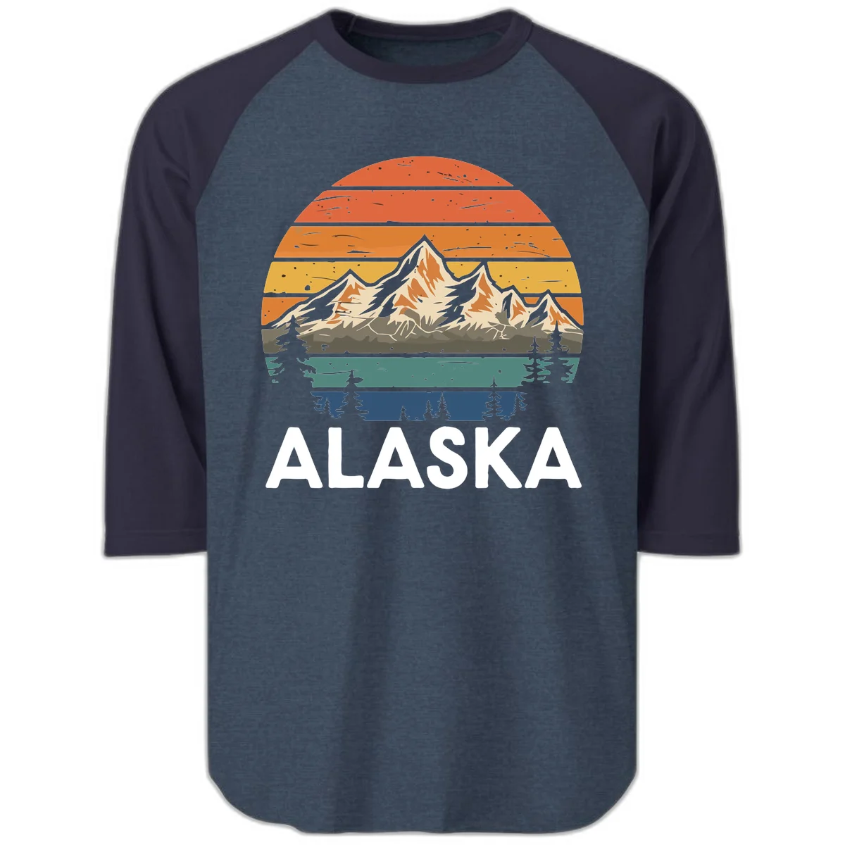 Retro Mountain Sunset Landscape Raglan 3/4 in Heather Denim Navy