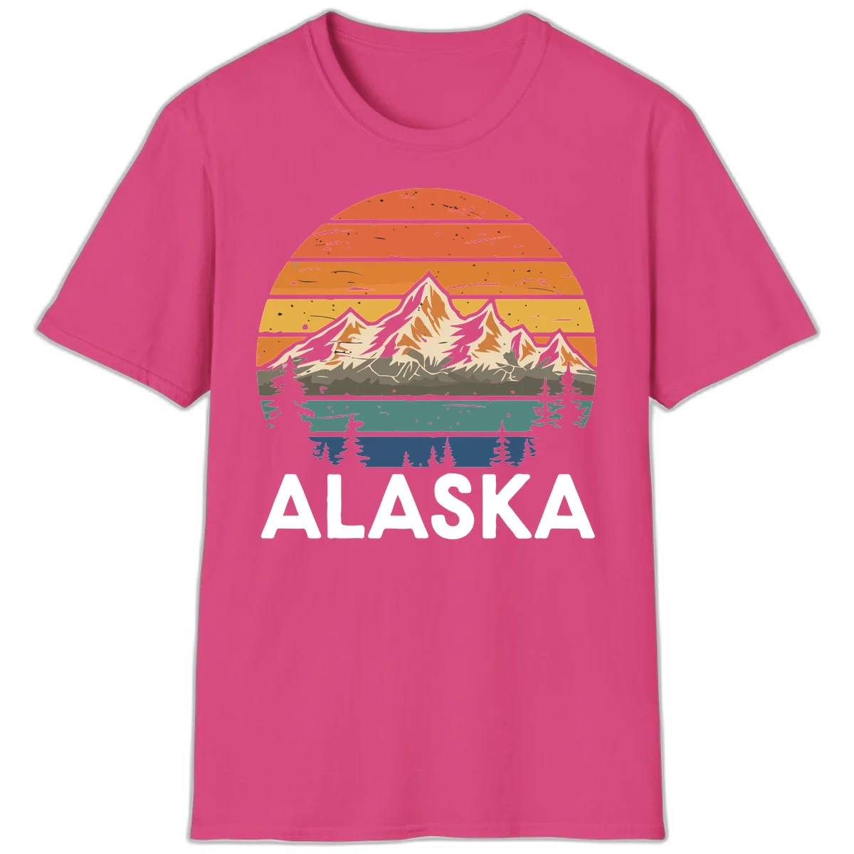 Retro Mountain Sunset Landscape T-Shirt in Heliconia