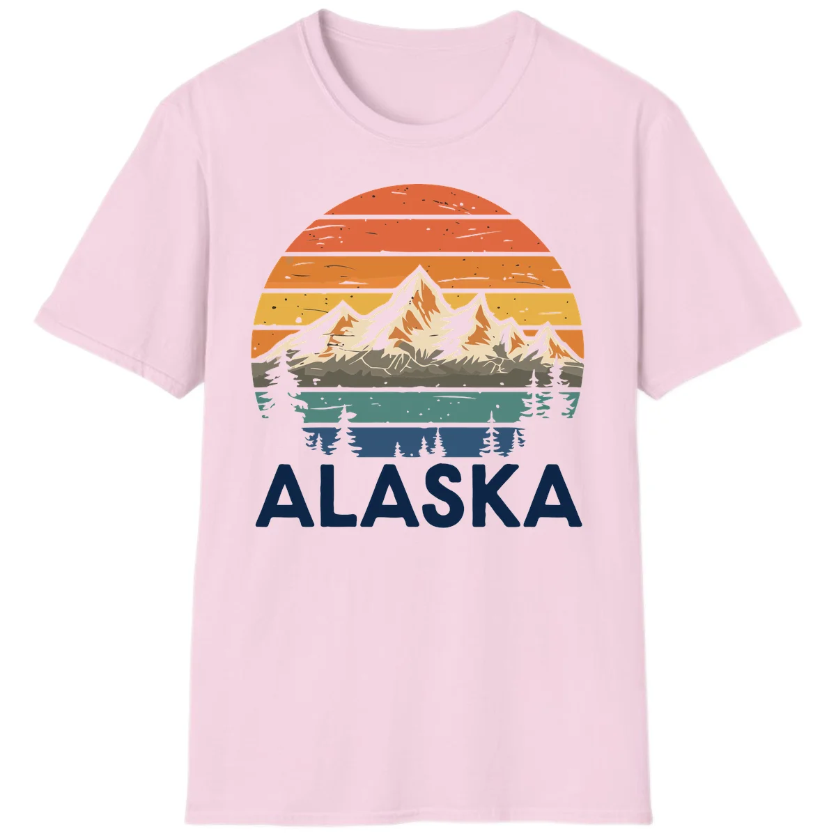 Retro Mountain Sunset Landscape T-Shirt in Light Pink