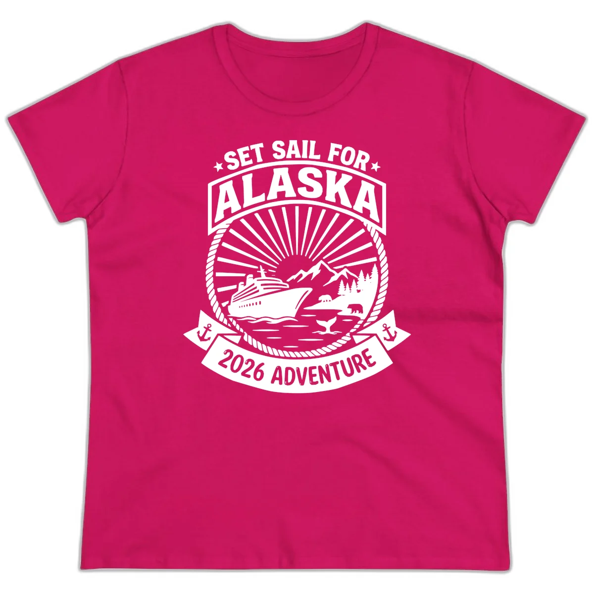 Set Sail For Alaska 2026 Adventure Ladies Tee in Heliconia