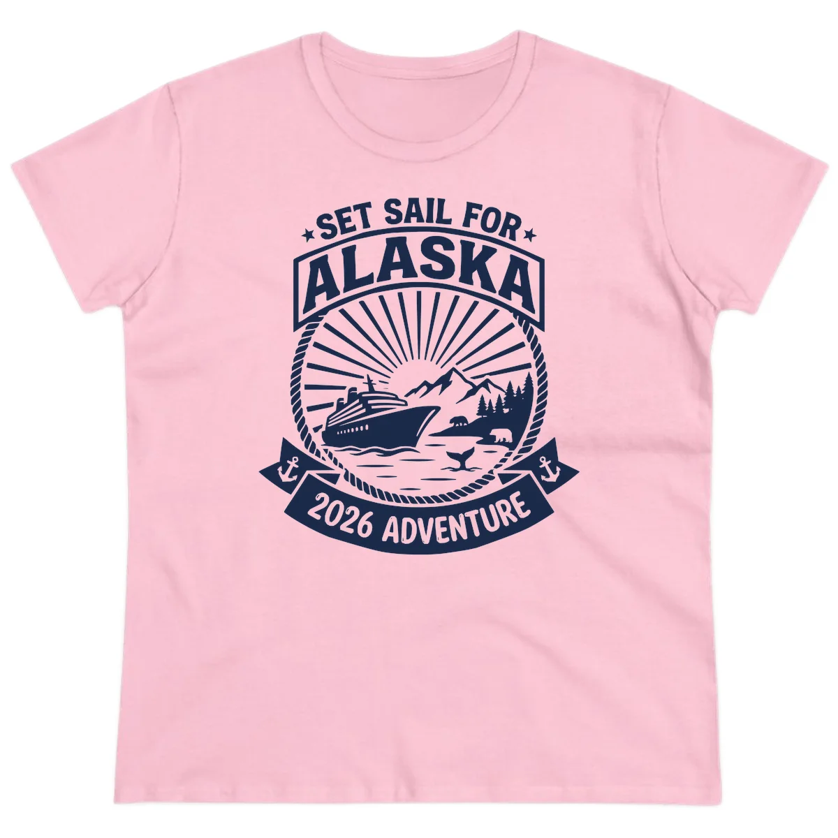 Set Sail For Alaska 2026 Adventure Ladies Tee in Light Pink