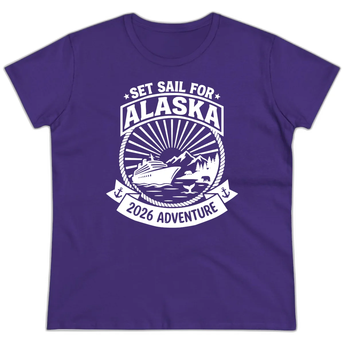 Set Sail For Alaska 2026 Adventure Ladies Tee in Purple