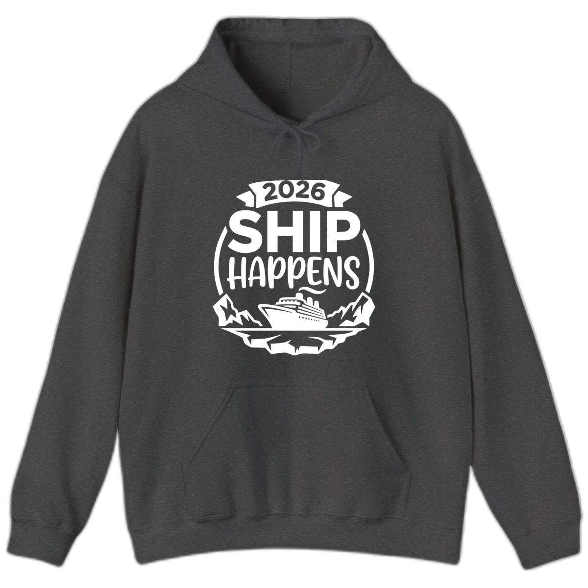 2026 Ship Happens Cruise Badge Hoodie in Dark Heather