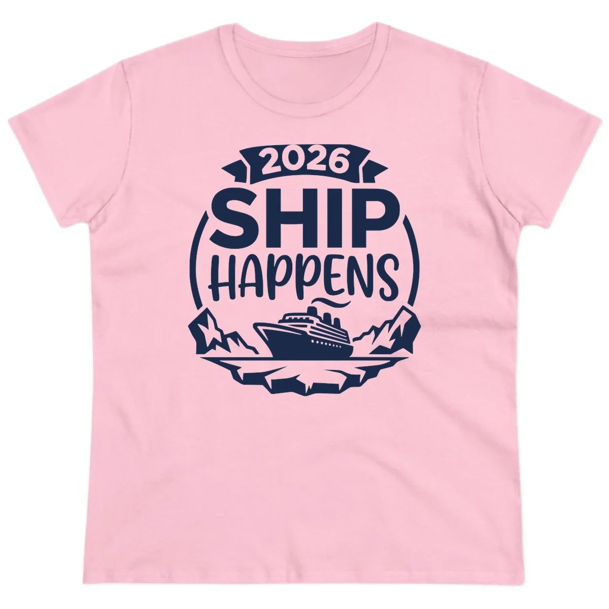 2026 Ship Happens Cruise Badge Ladies Tee in Light Pink