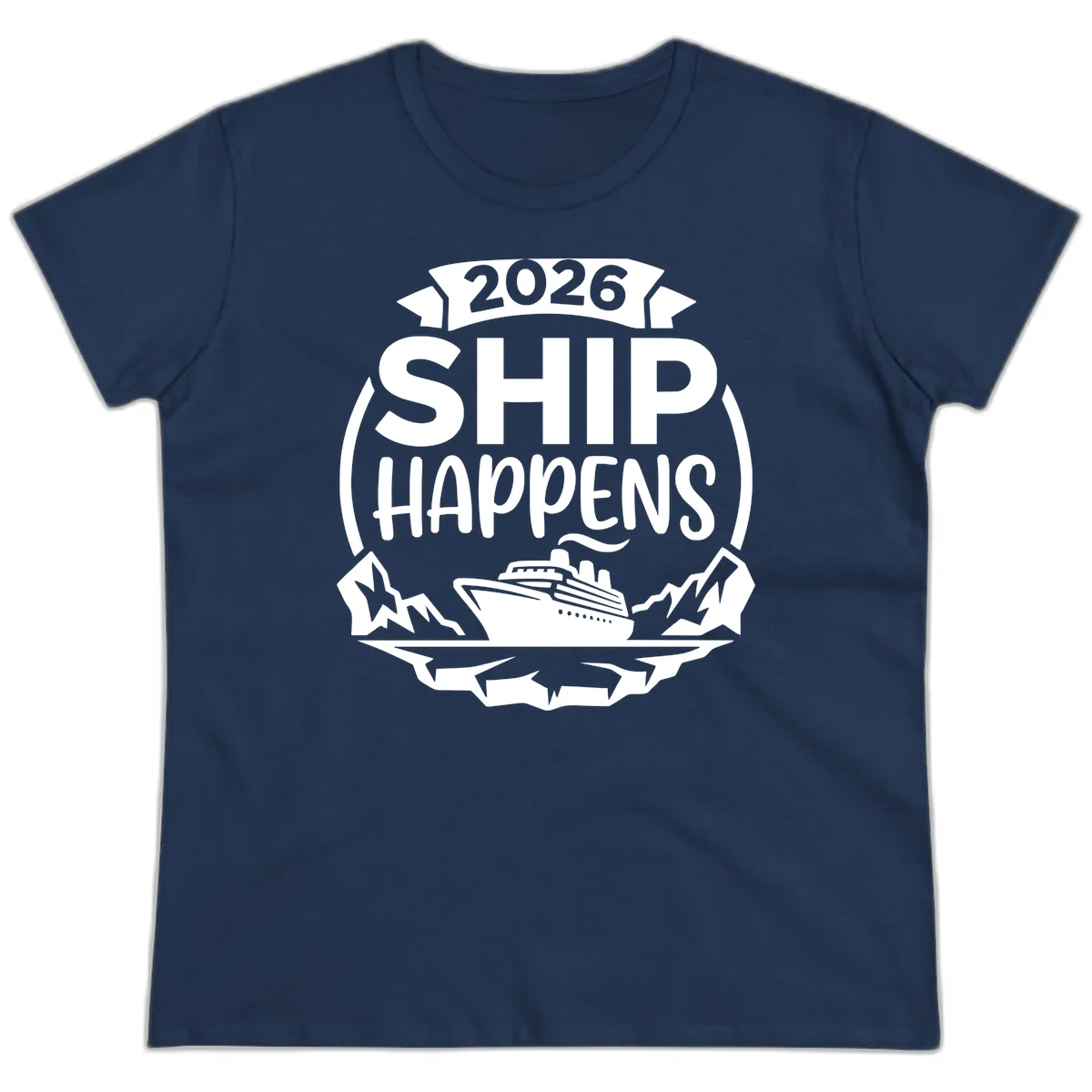 2026 Ship Happens Cruise Badge Ladies Tee in Navy