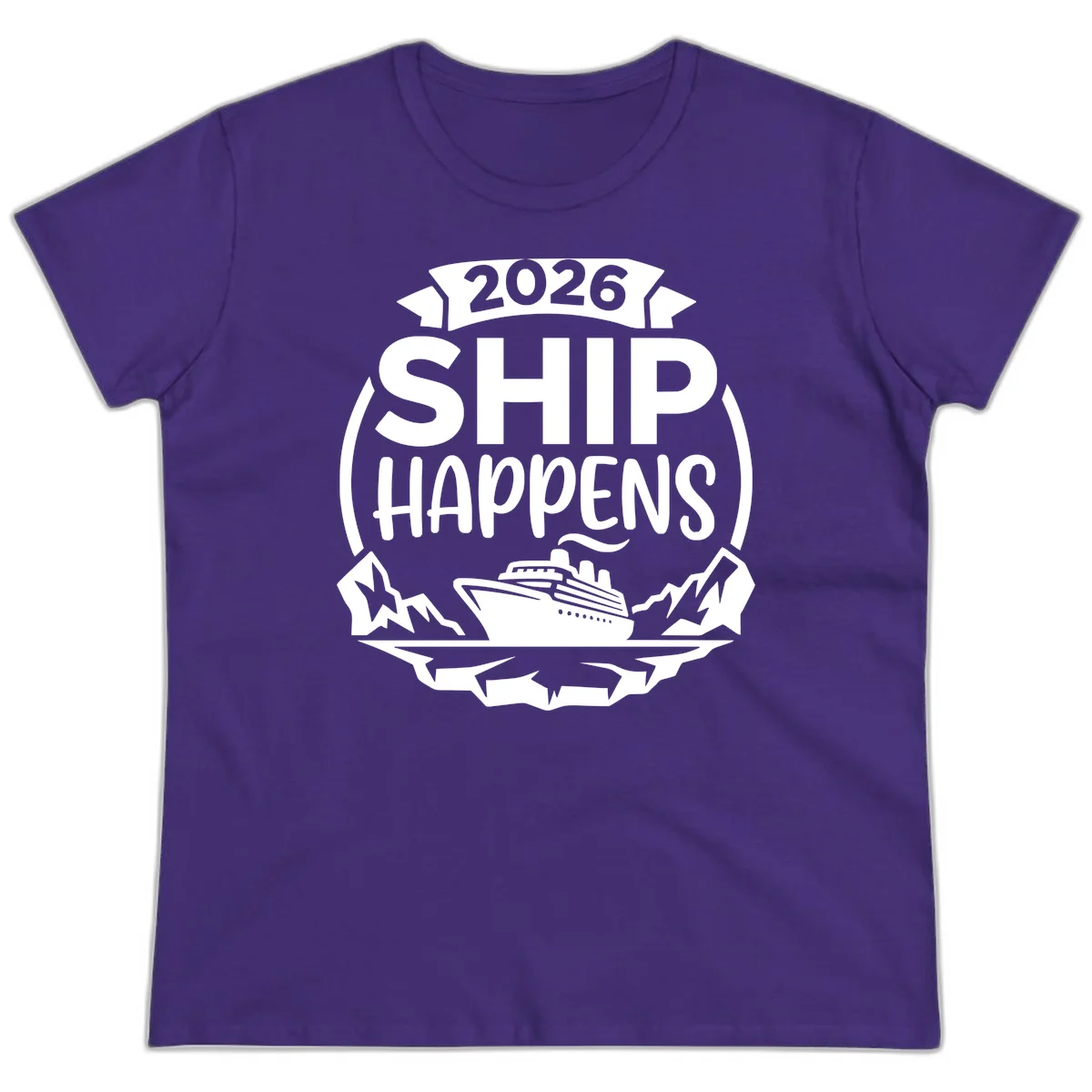2026 Ship Happens Cruise Badge Ladies Tee in Purple
