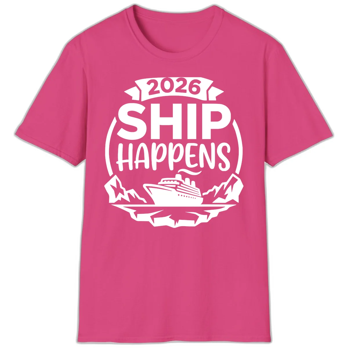 2026 Ship Happens Cruise Badge T-Shirt in Heliconia
