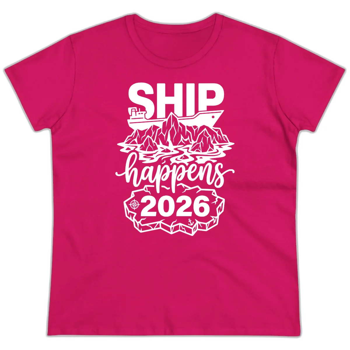 Ship Happens Alaska Cruise 2026 Ladies Tee in Heliconia