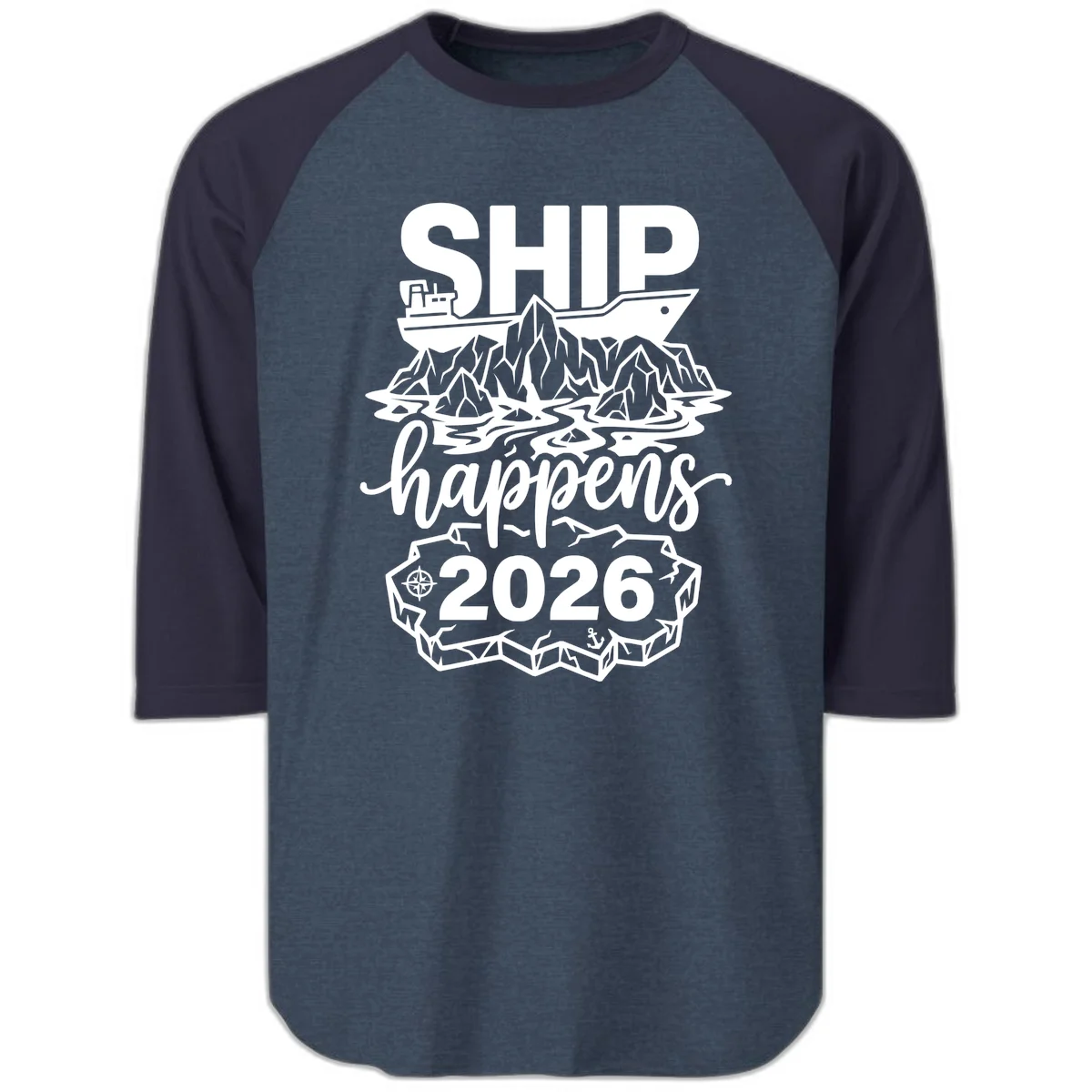 Ship Happens Alaska Cruise 2026 Raglan in Heather Denim Navy
