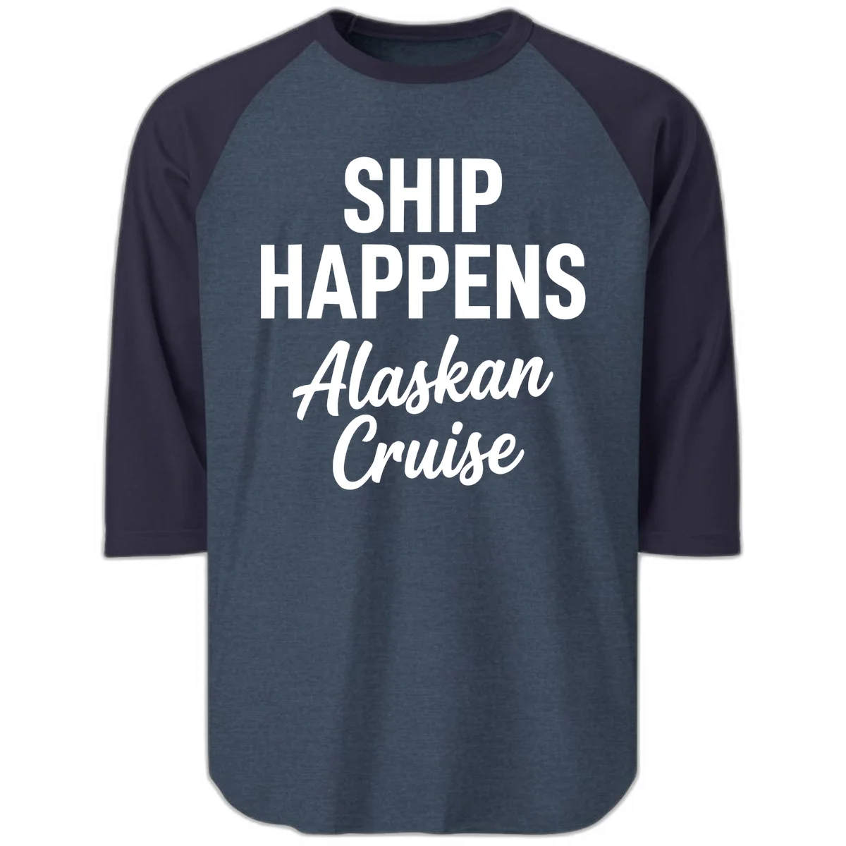 Ship Happens Alaskan Cruise Raglan 3/4 in Heather Denim Navy