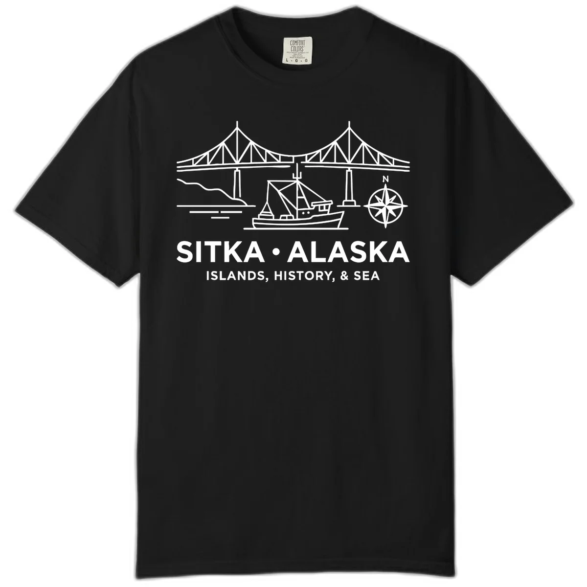 Sitka Alaska Bridge Boat Compass Rose Comfort Color Tee in Black