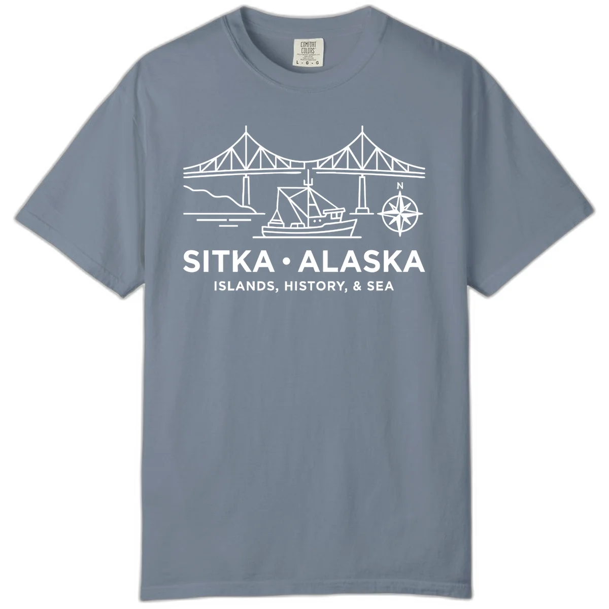 Sitka Alaska Bridge Boat Compass Rose Comfort Color Tee in Blue Jean