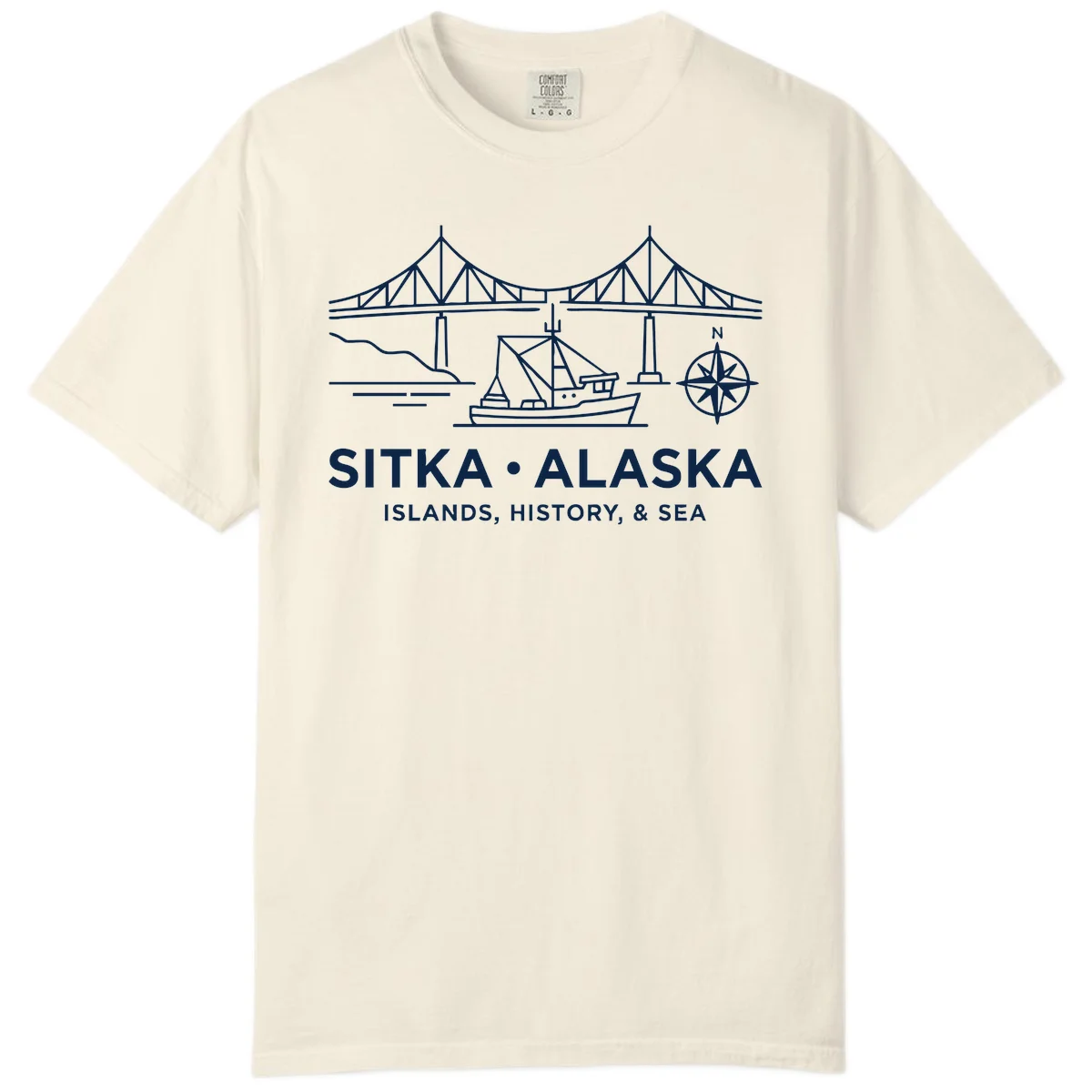 Sitka Alaska Bridge Boat Compass Rose Comfort Color Tee in Ivory