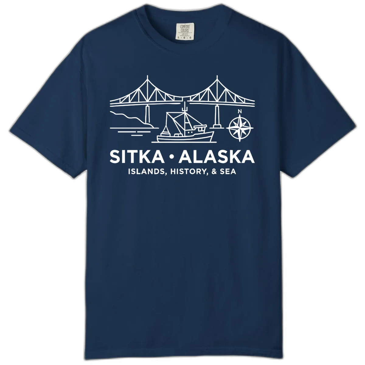 Sitka Alaska Bridge Boat Compass Rose Comfort Color Tee in Navy