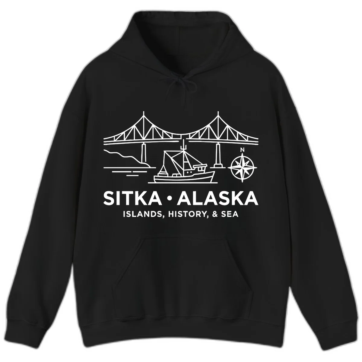 Sitka Alaska Bridge Boat Compass Rose Hoodie in Black