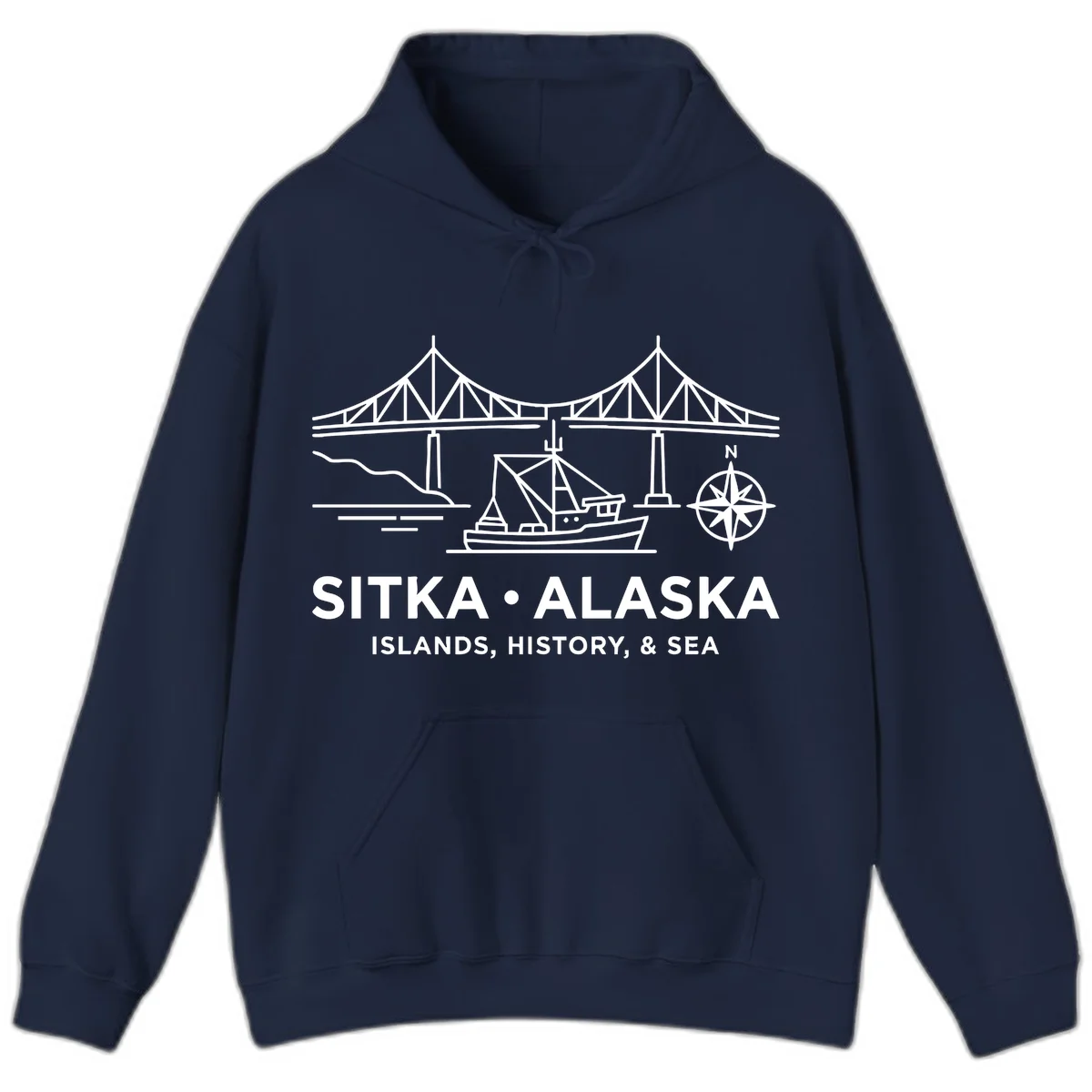 Sitka Alaska Bridge Boat Compass Rose Hoodie in Navy