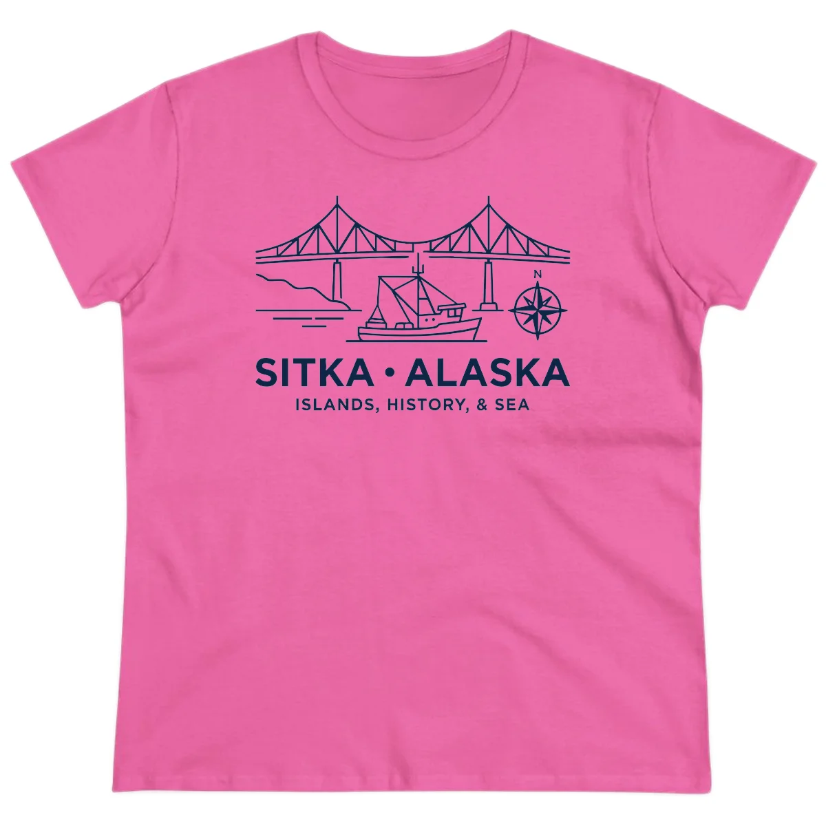 Sitka Alaska Bridge Boat Compass Rose Ladies Tee in Azalea