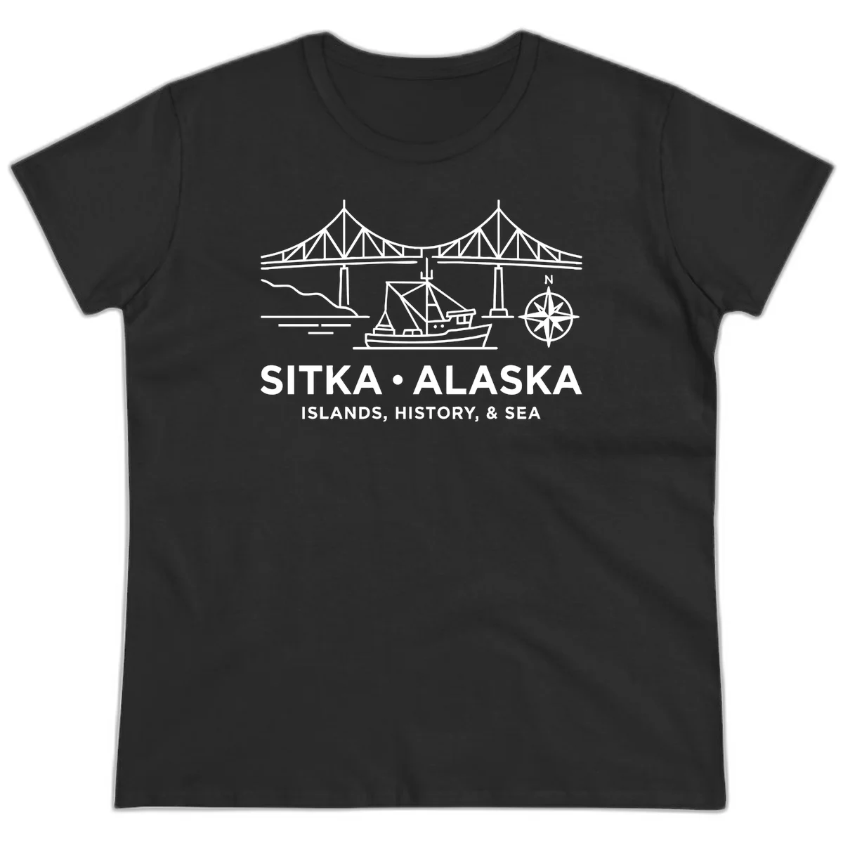 Sitka Alaska Bridge Boat Compass Rose Ladies Tee in Black